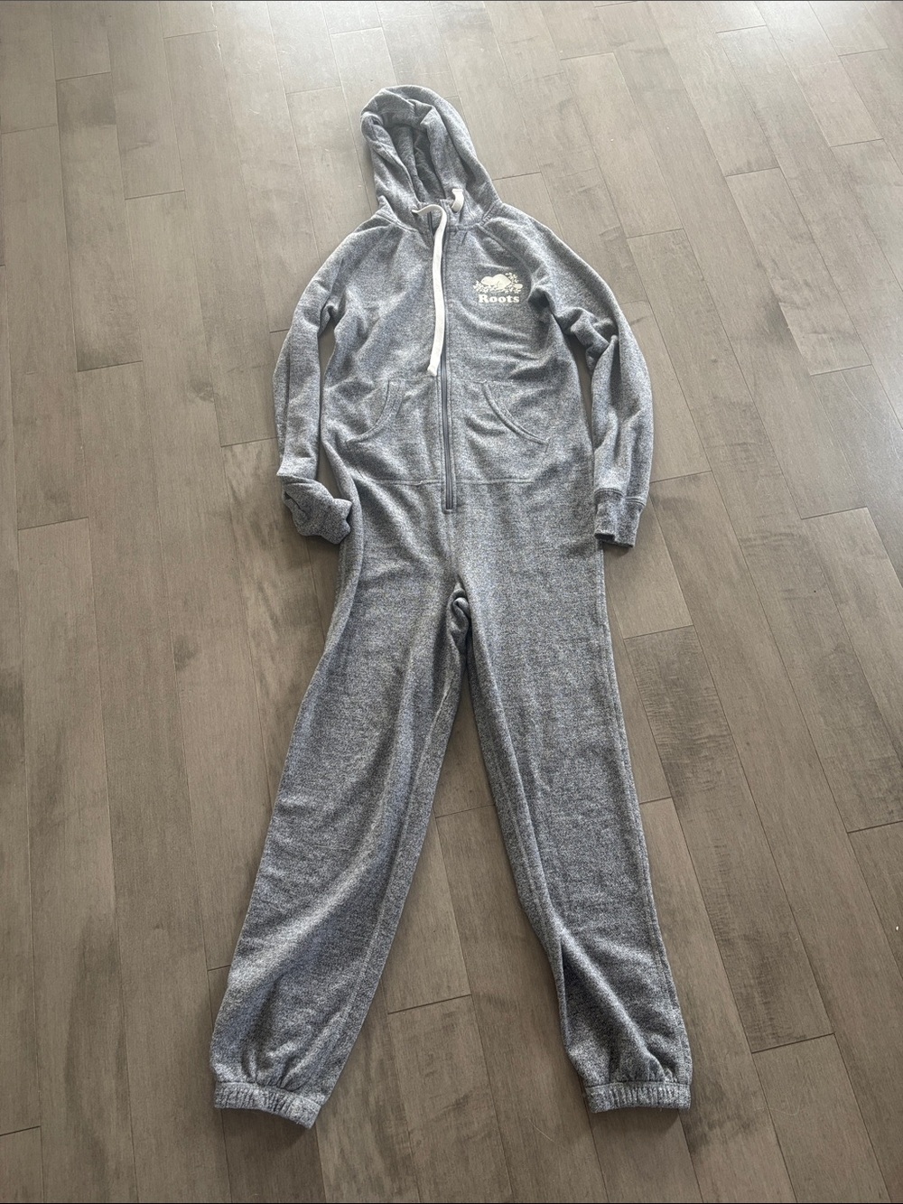 Roots Canada Grey Hooded Onesie Jumpsuit XS Full Zip Beaver Logo - Picture 2 of 8